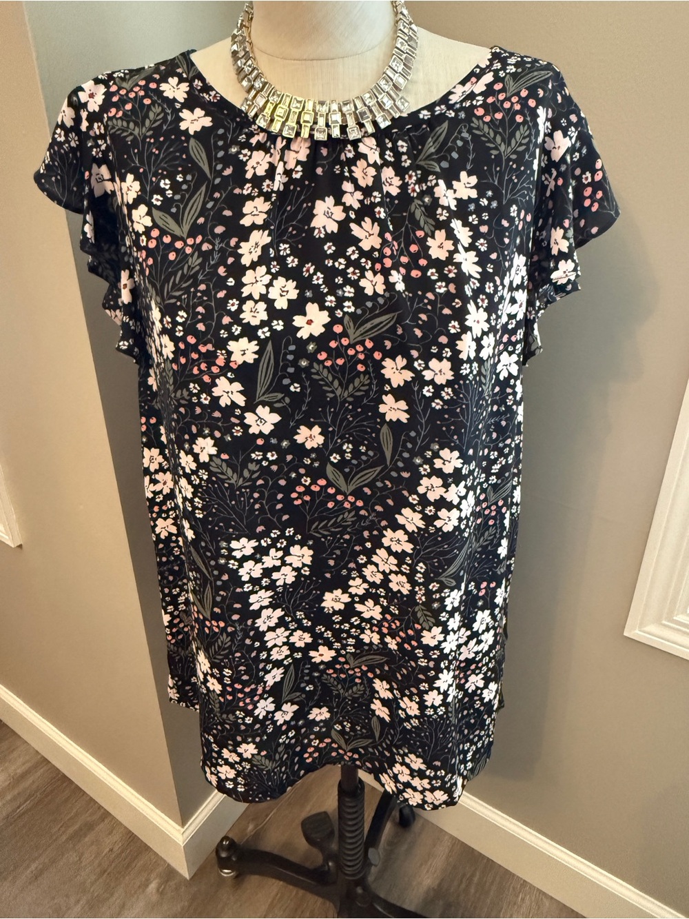 LOFT Black Floral Print Blouse with Pink and Green Accents